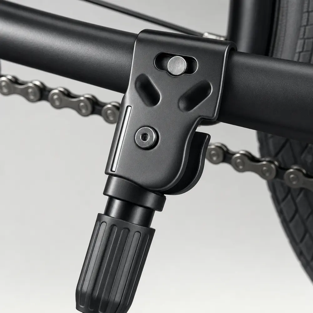 Macro view of the 3 mm clamp plate bolted flat against a bike's rear chainstay