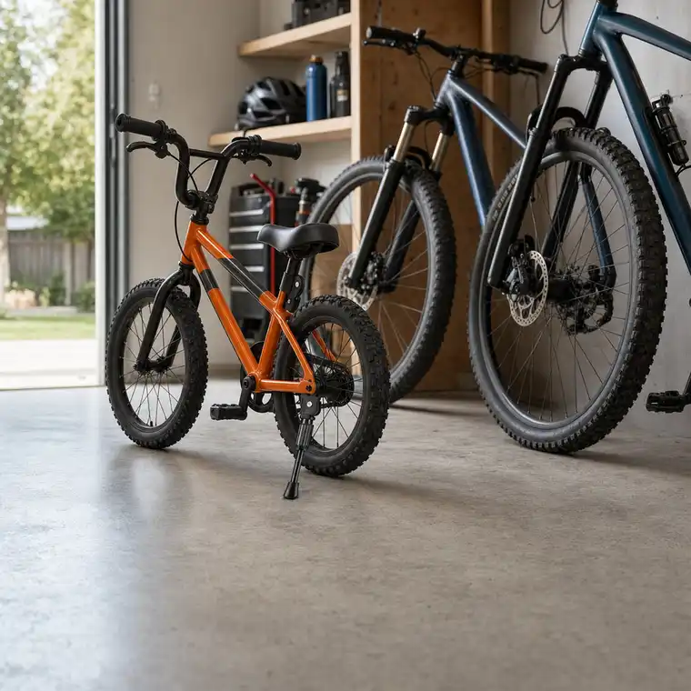 A child's bike standing on its kickstand in a garage beside two adult bikes
