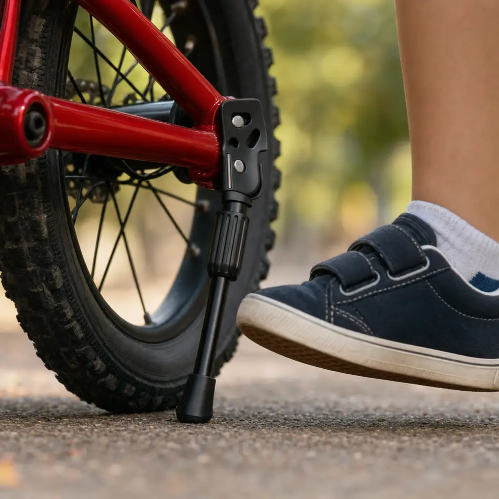 A child's sneaker flicking the Kickaroo kickstand down into place on a small red bike