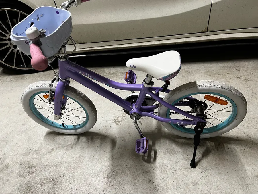 A purple children's bike standing on its kickstand on a driveway